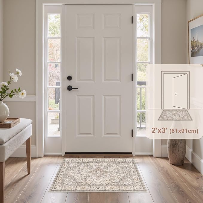 Washable Area Rugs for Living Room -2x3 Neutral Vintage Distressed Floral Farmhouse Boho Large Soft Floor Rug Indoor Non Slip Carpet for Bedroom Dining Room Office - Brown/Multi