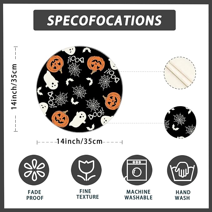 XCHI Boo Spooky Ghost Pumpkin Halloween Round Placemats Set of 4 Table Mats Table Decorations 14x14 Inch