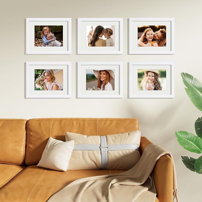 Vittanly 8.5x11 Picture Frames Set of 9, Shatter Resistant Plexiglass, Display 6x8 Pictures with Mat or 8.5x11 without Mat, Photo Frames for Wall or Tabletop, Engineered Wood, White