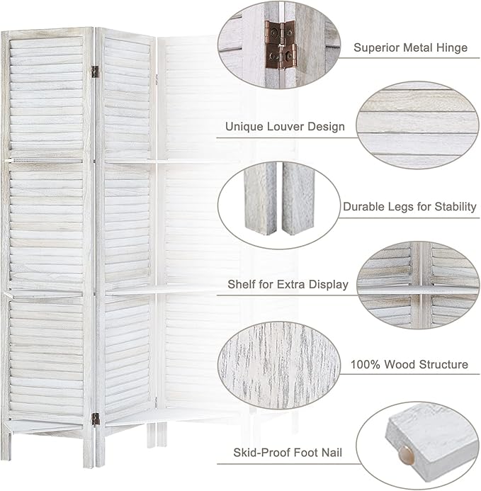 Room Divider with Shelves, Privacy Screen, Room Dividers and Folding Privacy Screens, 4 Panel Wood Temporary Wall Partition Separation Separator, Coconut