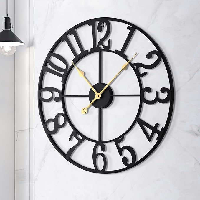 LEIKE Large Wall Clock, 16" Silent Non-Ticking, Battery Operated, Oversized, Decorative Retro Black Metal Clock for Living Room,Farmhouse, Dinner Room,Indoor, Outdoor Decor(40cm, Black Arabic Number)