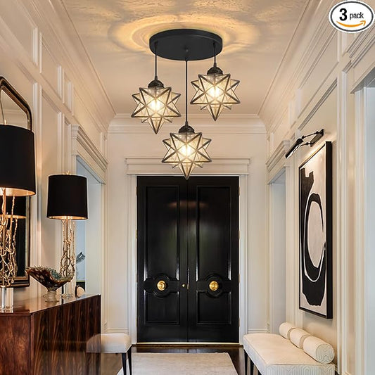 Farmhouse Glam Chandelier with Glass Star Pendants Light Fixture Elegant Ceiling Hanging Lights Included Warm Light Bulbs Black