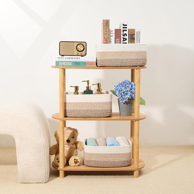 Small Storage Baskets for Organizing | Closet Organizer Bins | Shelf Toy Basket | Woven Rope Baskets | Cube Decorative Box | Shallow Basket | 13x8.5x5.1” | 3 Packs Gradient Brown