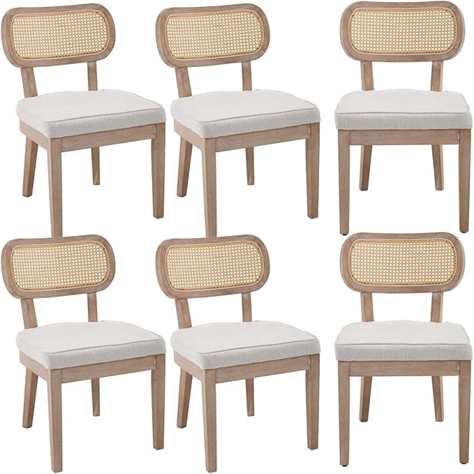 Rattan Dining Chairs Set of 6 Farmhouse Wood Kitchen Chairs with Cane Back Upholstered Curved Backrest Dinner Chair Rustic Armless Side Chair for Dining/Living Room/Restaurant, Beige