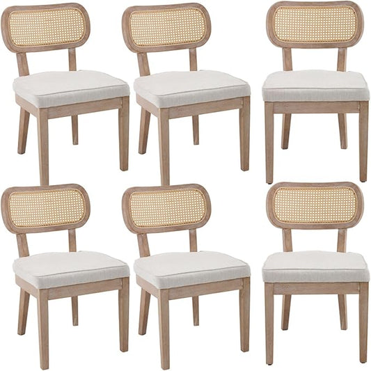 Rattan Dining Chairs Set of 6 Farmhouse Wood Kitchen Chairs with Cane Back Upholstered Curved Backrest Dinner Chair Rustic Armless Side Chair for Dining/Living Room/Restaurant, Beige