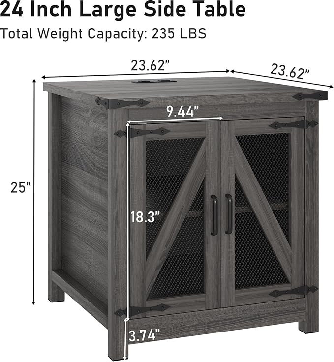 Farmhouse End Table, 24" Large Sofa Side Table with Charging Station, Mesh Barn Door, and Adjustable Storage Shelf, Rustic Wood Square Nightstand for Living Room, Bedroom, Office, Grey