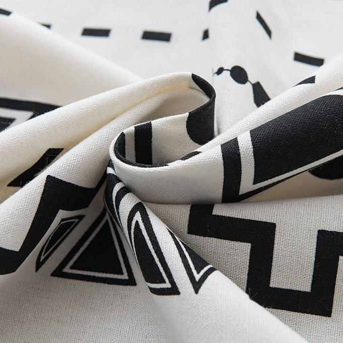 Sutuo Home Black and White Boho Curtain 84 Inches Length for Bedroom, Printed Cotton Linen Geometric Rod Pocket Chic Semi Blackout Bohemian Tassels Window Treatment, 1 Panel 59" W x 84" L