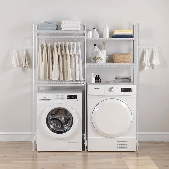 VEVOR Over The Washer and Dryer Storage Shelf, 4 Tier Laundry Room Drying Rack with Hanger Rod and Hooks, Adjustable Over Washer and Dryer Shelves, Laundry Room Shelf Storage Space Saver, White