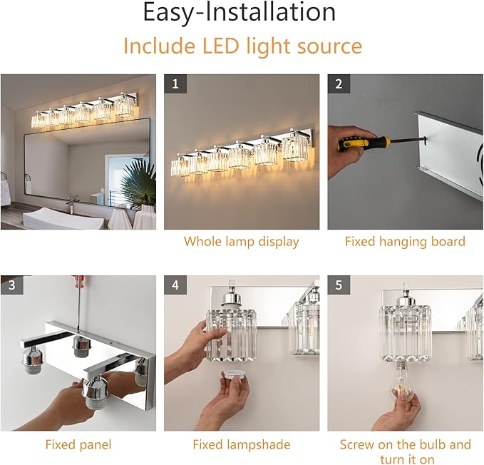 Modern 6-Light Chrome Crystal Bathroom Vanity Light Fixtures