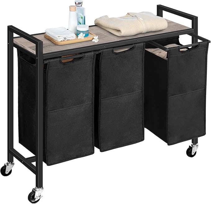 HOOBRO Laundry Sorter 3 Section, Laundry Hamper with Wheels, 3 × 11.5 Gal (43.4L), Rolling Laundry Basket, Pull-Out and Removable Oxford Fabric Bags, Greige and Black BG76XY01