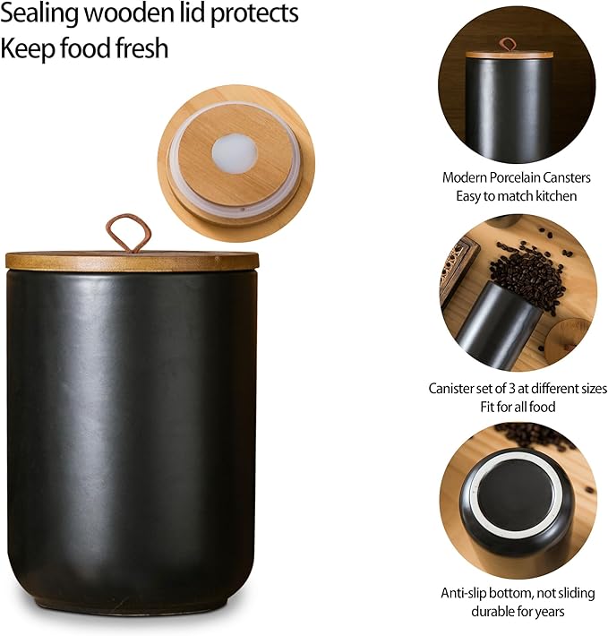 Black Canister Sets for Kitchen, 3pcs Ceramic Canisters with Airtight Wooden Lid, Food Storage Jar, Large Kitchen Storage Containers for Serving Coffee Beans, Tea, Sugar, Salt, Spices
