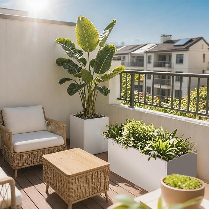 Galvanized Steel Garden Planter - White Matt Galvanized Metal Planter Box - Modern Metallic Heavy Planter - Indoor & Outdoor, Commercial & Residential (White, L36 x W12 x D16)