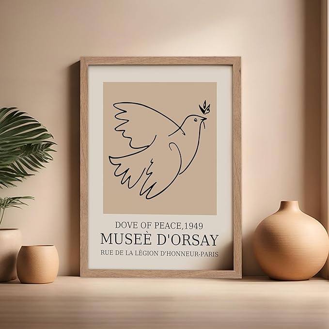Poster Master Vintage Poster - Retro Minimalist Print - Gift for Artist, Friend - Dove Of Peace, Line Drawing, Sketch, Abstract - Wall Decor for Living Room, Bedroom, 16x20 Beige Framed