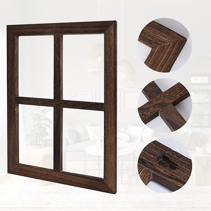 Rustic Wood Window Frame with Green Wreath and Arrows Wall Decor，Farmhouse Window Frame Hanging Decor,Wooden Fake Decoration,Window Pane Wall Decor,Set of 2 (Brown)