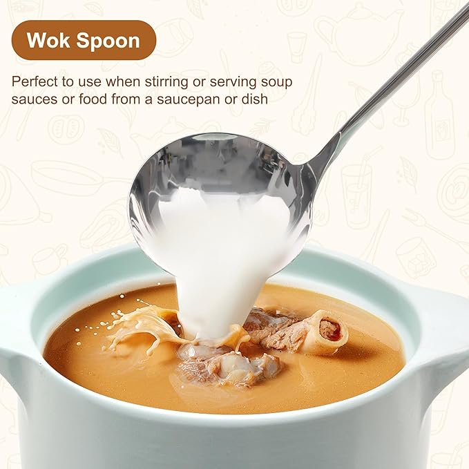 FJNATINH Wok Spatula - Ladle - Skimmer - Stainless Steel Wok Tools,Wok Utensil,Mirror Polished Stainless Steel Cooking Utensils 14.6-15.2" Kitchen Utensils Cookware, Pack of 3