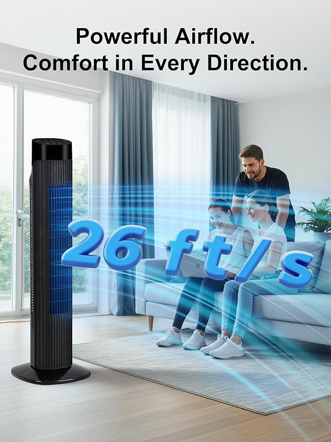 Uthfy 31 Inch Tower Fan for Bedroom, 120° Oscillating Quiet Standing Bladeless Fan With Remote, 7.5H Timer, 3 Speeds, 3 Modes, for Room, Dorm, Office, Black
