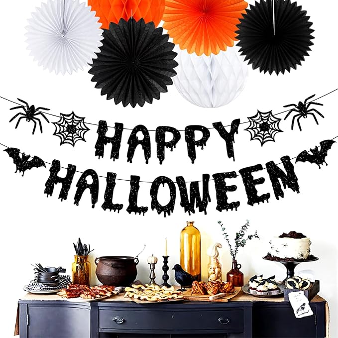 Orange Black Happy-Halloween Party Decorations - 13PCS Spider Web Bats Streamers Banner ,Paper Flowers Lanterns Tissue Pom Poms Fans, Classroom Birthday Bachelorette Hanging Supplies Decor Hugfond