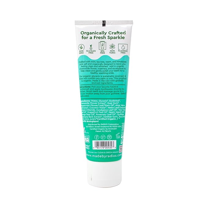 RADIUS Toothpaste, Mint Aloe Neem, 3 oz, USDA Organic Non-Toxic Chemical-Free Gluten-Free, Designed to Improve Gum Health & Prevent Cavities, Pack of 1