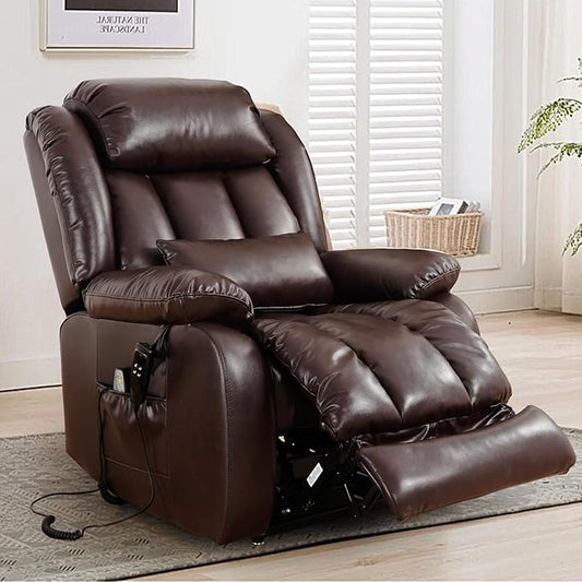 MAEVIS Large Genuine Leather Lift Chairs, Dual Motor Lift Chiars Recliner for Elderly,Extended Footrest and Lumbar Pillow for Tall Man,with Heat and Massage, USB and Type-C Ports(Brown)