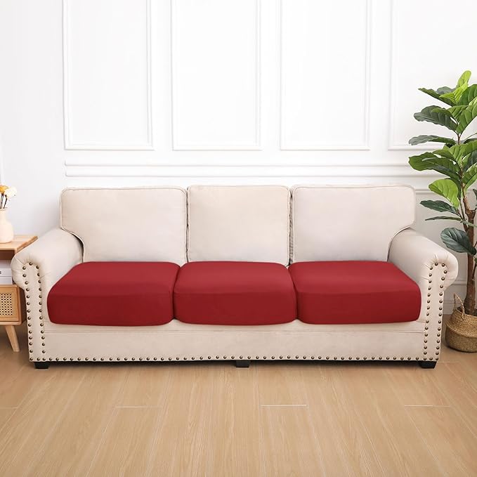 hyha Waterproof Couch Cushion Covers, Stretch Sofa Couch Seat Slipcover for Dog Washable, Non-Slip Waterproof Outdoor Cushion Covers for Patio Furniture Replacement (3 Pieces, Wine Red)