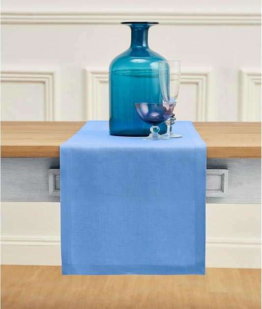 Solino Home Linen Table Runner 108 Inches Long - 100% Pure Linen Provence Blue Dining Table Runner 14 x 108 Inch - Fete