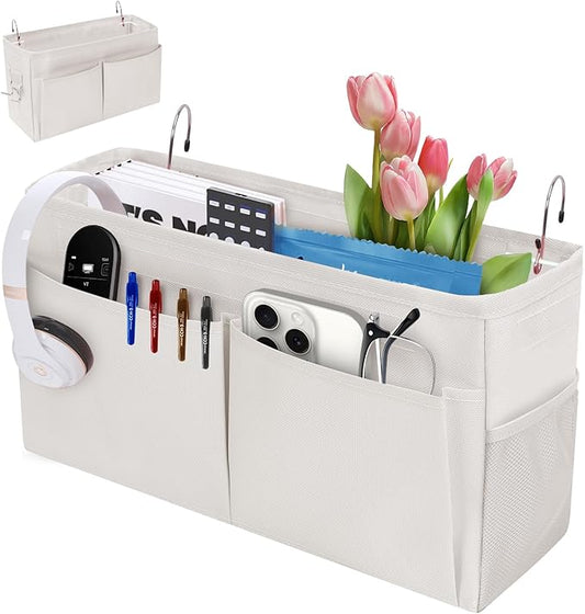 Bedside Caddy Organizer with Fixed Straps, Bunk Bed Caddy ideal for Home, Bunk Bed, Dorm, Hospital, Crib, Versatile Bedside Storage Solution (Beige)