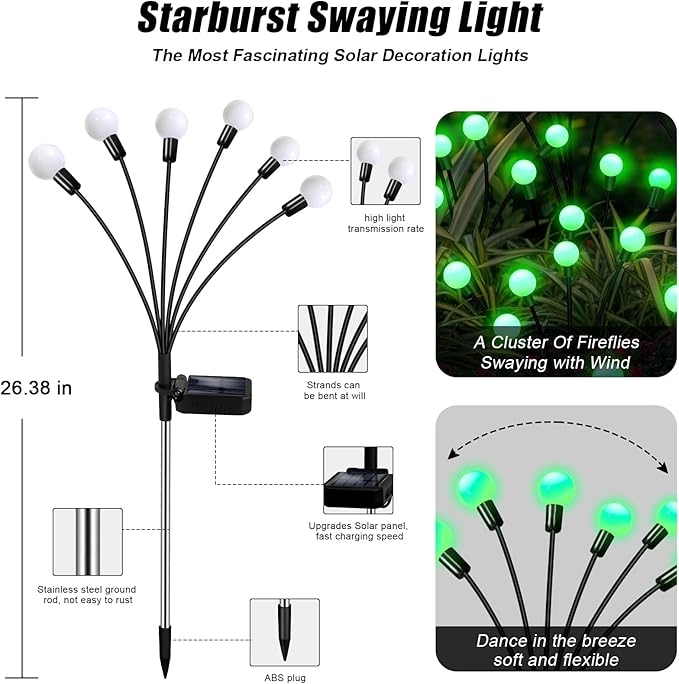 Solar Firefly Light, Christmas Lights for Outside Decorations, 4 Pack 24 LED Green Solar Garden Lights, Outdoor Waterproof Garden Decor for Yard Patio Pathway Lawn Christmas