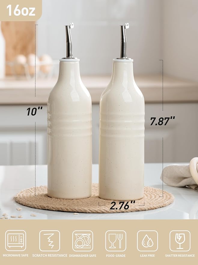famiware Jupiter 16oz Ceramic Olive Oil Dispenser Bottle, Olive Oil and Vinegar Dispenser Bottle Set of 2 with Stainless Steel Pourers, Suitable for Storage Vinegar, Liquids, Vanilla White