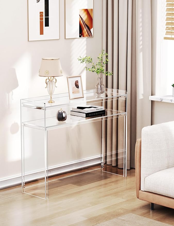 Acrylic Console Table, Entryway Table with Storage Shelves (1, 39.4 * 31.5 * 11.7) (Clear)