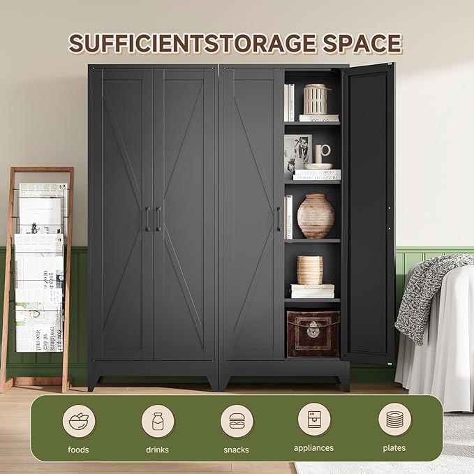 Letaya Storage Cabinet,75" H Metal Kitchen Pantry Cabinets with Doors and Adjustable Shelves,Pantry Organizers for for Cupboard/Dining/Bathroom/Office/Garage Room,Black