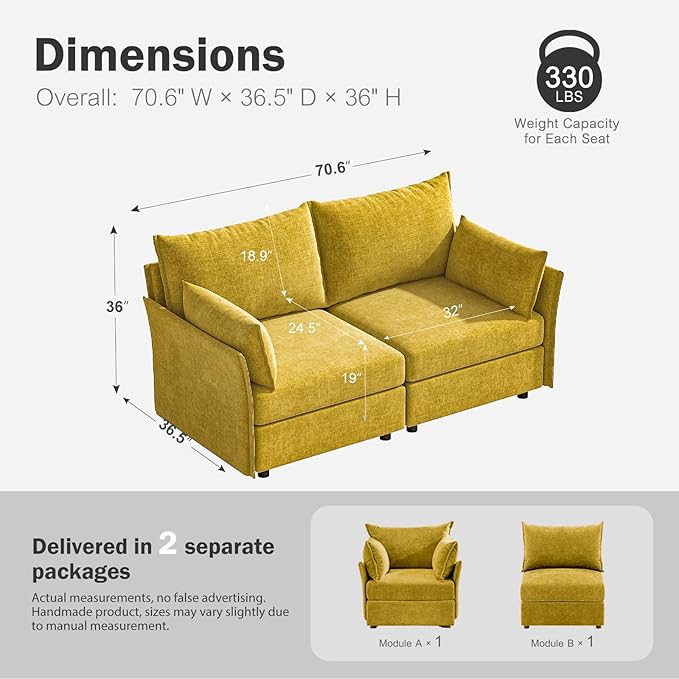 Oversized Loveseat Sofa, Modern Modular Sectional Couch Yellow Fluffy Chenille Mid Century 2-Seat 24.5" Deep Seat for Apartment, Living Room, Bedroom