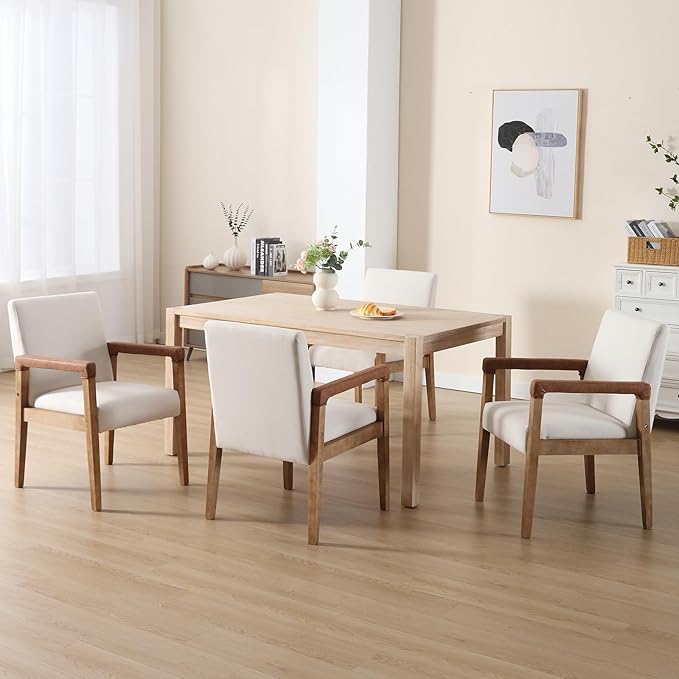 Kmax Modern Dining Chairs Set of 6 Linen Fabric Kitchen Arm Chairs Upholstered Accent Chairs with Wooden Legs for Dining Room, Living Room, Bedroom, White