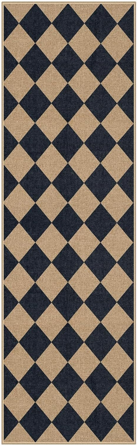 Lahome Checkered Easy Jute Runner Rug, 2x8 Hallway Kitchen Runner Rug Non Slip Washable Outdoor Carpet for Entryway Indoor, Checkerboard Black Indoor Outdoor Carpet for Hallway 8ft Entry