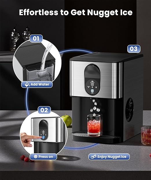 Nugget Ice Makers Countertop, Pellet Ice Maker Machine Dispenser with Water Reservoir with 44lbs/24H, Self-Cleaning, Soft Chewable Ice Maker Machine for Home/Kitchen/Office, Silver Stainless