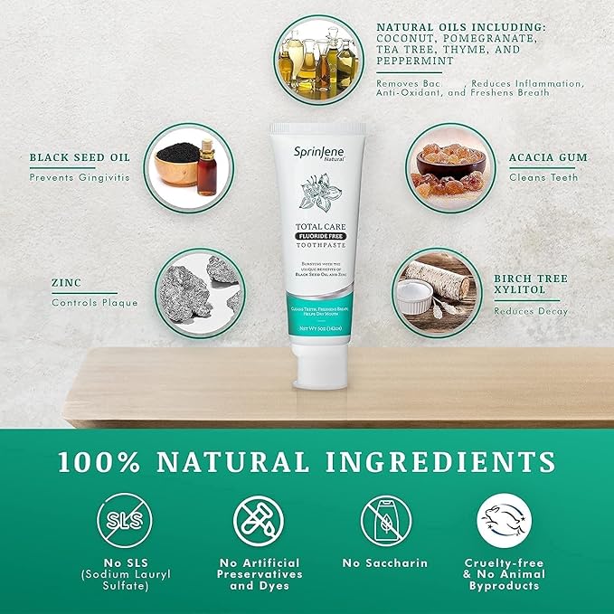 SprinJene Natural Total Care Fluoride Free Toothpaste for Strong Teeth & Gums - Natural Toothpaste to Soothe Dry Mouth & Freshen Breath | 4 Pack