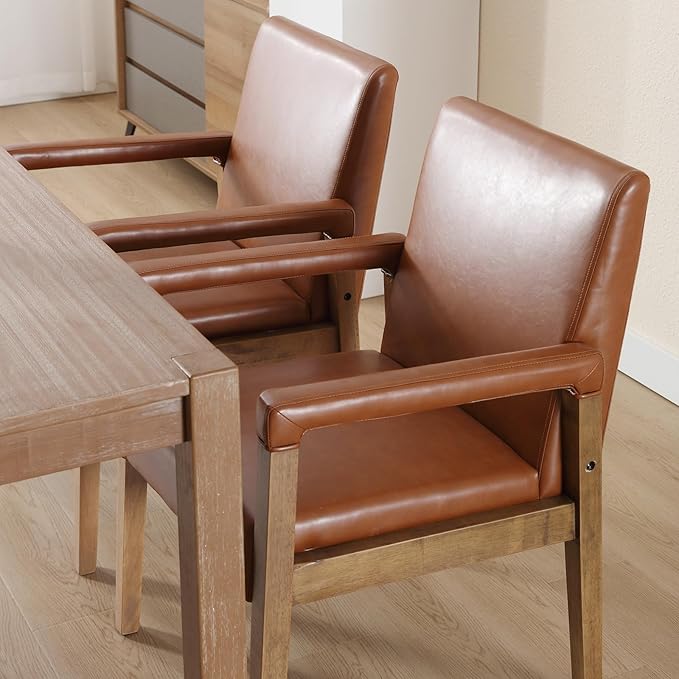 Kmax Modern Dining Chairs Set of 4 Faux Leather Kitchen Arm Chairs Upholstered Accent Chairs with Wooden Legs for Dining Room, Living Room, Bedroom, Brown