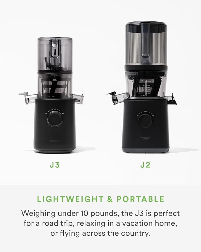 Nama J3 Compact Cold Press Juicer – Space Saving & Self Feeding for Hands-Free Operation – Lightweight, Portable Zero Waste Slow Masticating Juicer – Easy Cleanup & Assembly - Black