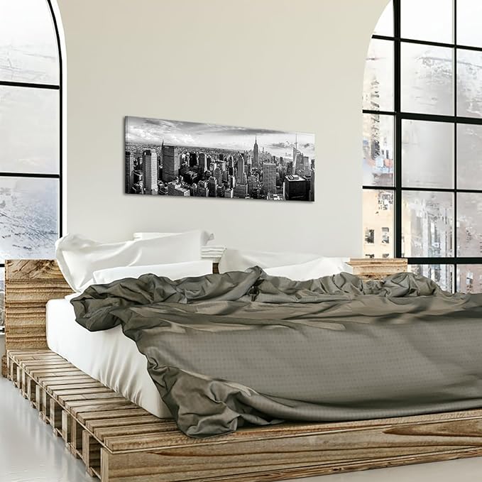 LevvArts New York Canvas Wall Art Black and White City Skyline Picture Panoramic Photo Canvas Print Modern Home Office Living Room Wall Decoration Ready to Hang 20"x55"