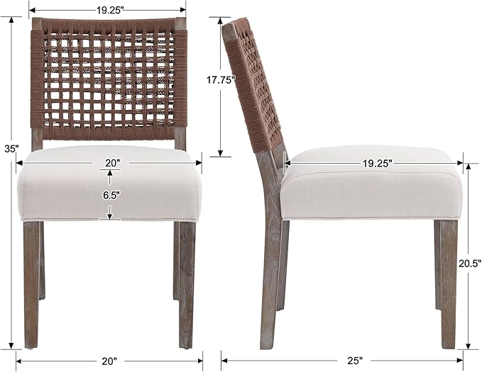 Kmax Farmhouse Dining Chairs Set of 6, Rustic Kitchen Chairs with Linen Fabric Seat and Woven Back, Vintage Accent Chairs for Dining Room, Living Room, Beige