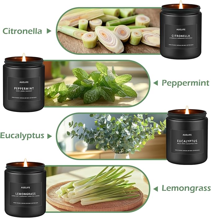 Outdoor Candle Set | Citronella/Mint/Eucalyptus/Lemongrass Summer Scented, Natural Candle Gifts - 4Pack Candles - Citronella Candles for Indoor or Outdoor Use - 28 oz,200 Hours Burn Time