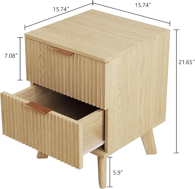 Fluted Nightstands Set of 2, Mid Century Modern 2 Drawer Dresser for Bedroom, Small Night Stand Side Table End Table with Wood Drawer Storage for Bedroom Closet, Natural