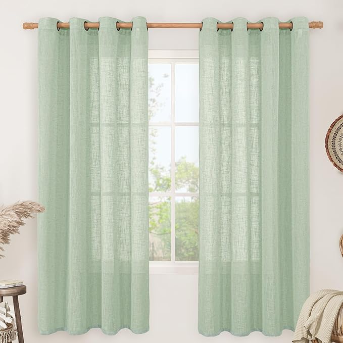 LAMIT Fresh Green Linen Curtains 72 Inch Length for Living Room, Soft Thick Linen Textured Window Drapes Semi Sheer Light Filtering Bronze Grommet Panels Rustic Country Decor, 2 Panels, 52 x 72 Inch