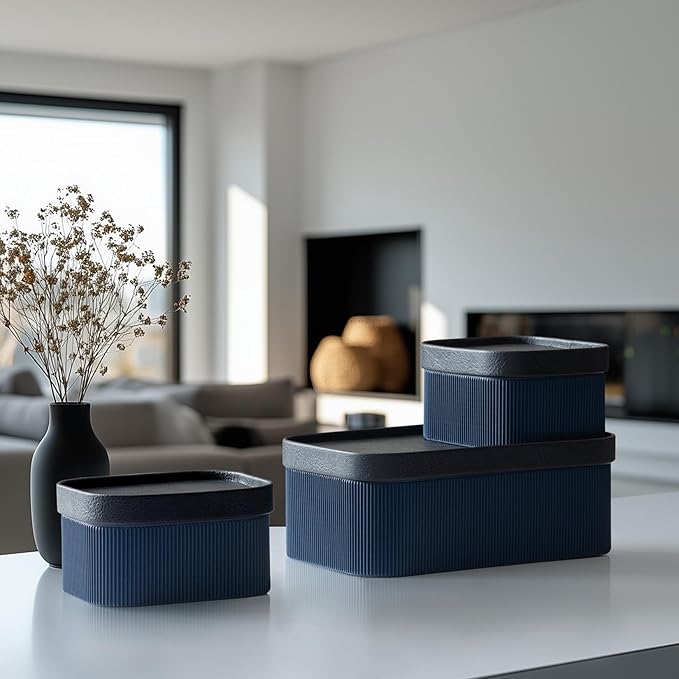 La Jolie Maison Fluted Cardboard Storage Baskets with Vegan Leather Lids, Sturdy Stackable Paper Boxes Decorative Tray, Basket Organizer Bins for Bathroom Bedroom Organizing, Navy Blue, Set of 3