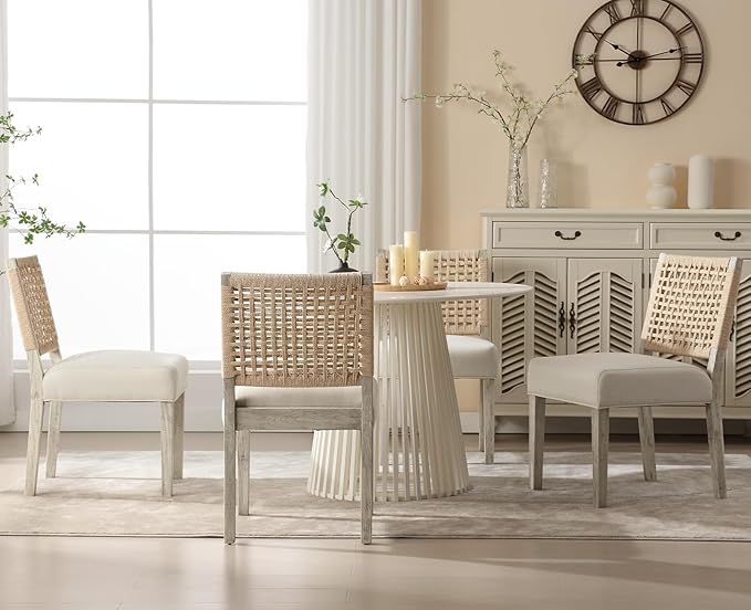 Kmax Farmhouse Dining Chairs Set of 2, Rustic Kitchen Chairs with Linen Fabric Seat and Woven Back, Vintage Accent Chairs for Dining Room, Living Room, Ivory