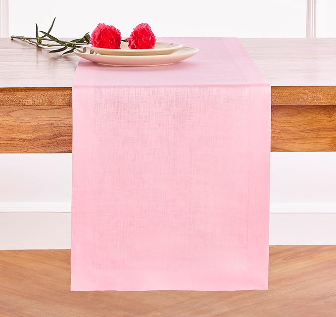 Solino Home Linen Table Runner 36 Inches - 100% Pure Linen Pink Lemonade Table Runner 14 x 36 Inch Ideal for Dresser and Coffee Tables - Halloween - Fete
