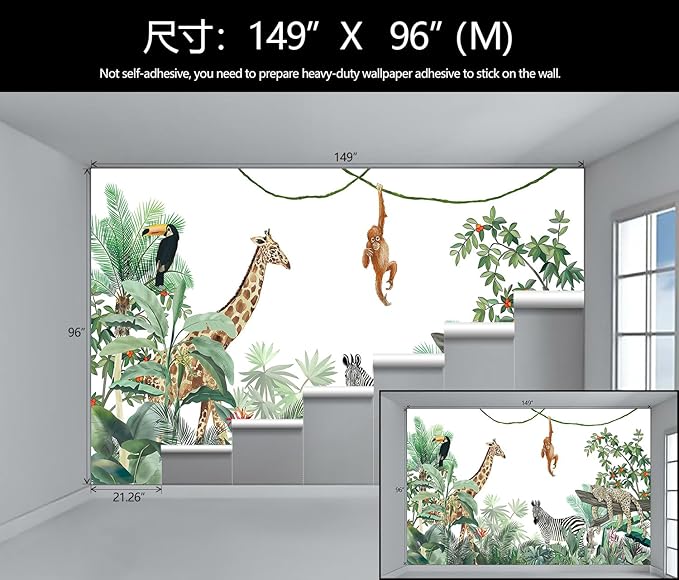 WFBHUA-Kids Safari Wallpaper Tropical Jungle Botanical Leaf Wall Mural for Nursery Boys Bedroom Girls Bedroom Playroom (Not Peel and Stick)
