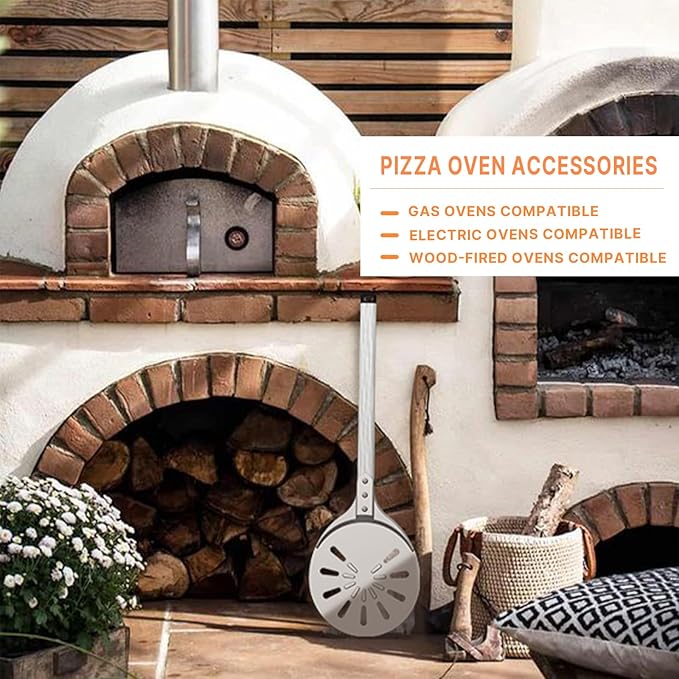 Pizza Turning Peel, 8-inch Pizza Peel Turner Spinner, Long Handle Perforated Aluminum Pizza Peel with Silicone Hook, Pizza Oven Accessories