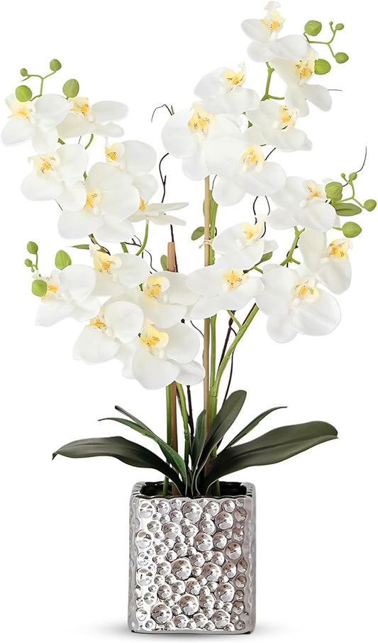 Orchid Artificial Flowers with Sliver Vase Large Silk Faux Phalaenopsis Flowers for Dining Room Table Floral Centerpieces Indoor Decoration,White