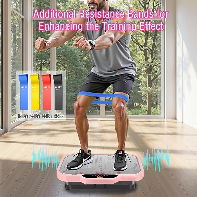 Vibration Plate Exercise Machine, Vibrating Fitness Platform Whole Body Shake Board Workout Equipment Fat Burner Vibrate Stand with Bluetooth Resistance Bands for Women Men Home Sport Gym-Pink