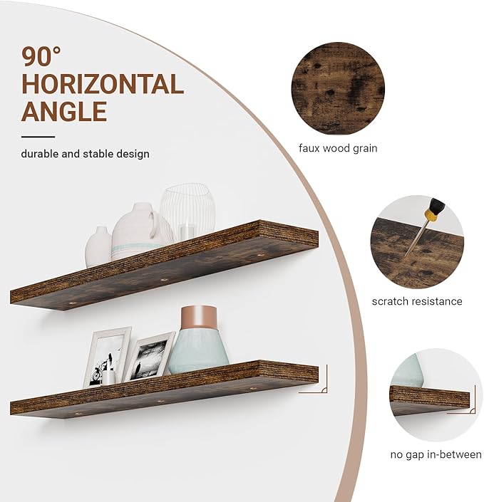 Heimlove 55 Inch Long Floating Shelves for Wall,9.3" Deep Rustic Brown Floating Shelf Set of 2,Large Display Shelf & Storage Shelf,Wall Mounted Shelves for Bedroom Living Room Kitchen Office
